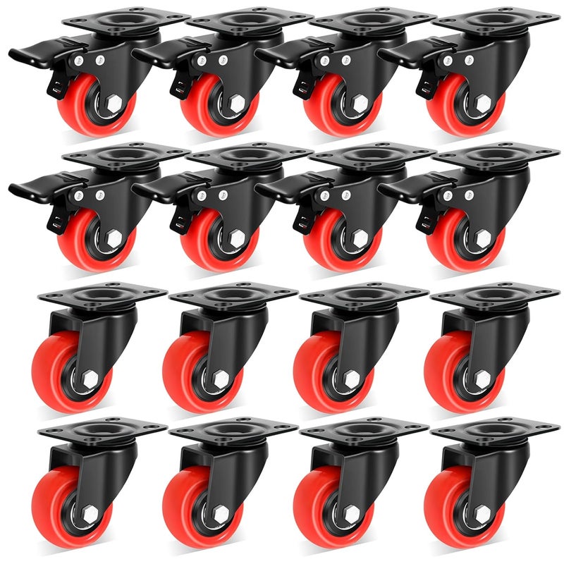 Nefish 2 Inch Heavy Duty Casters Wheels (16 Pack), Top Plate Castor Wheels with Brake, 360 Degree Durable Locking Swivel Cabinet Wheels, No Noise Polyurethane Wheels for Cart, Workbench - Image 1